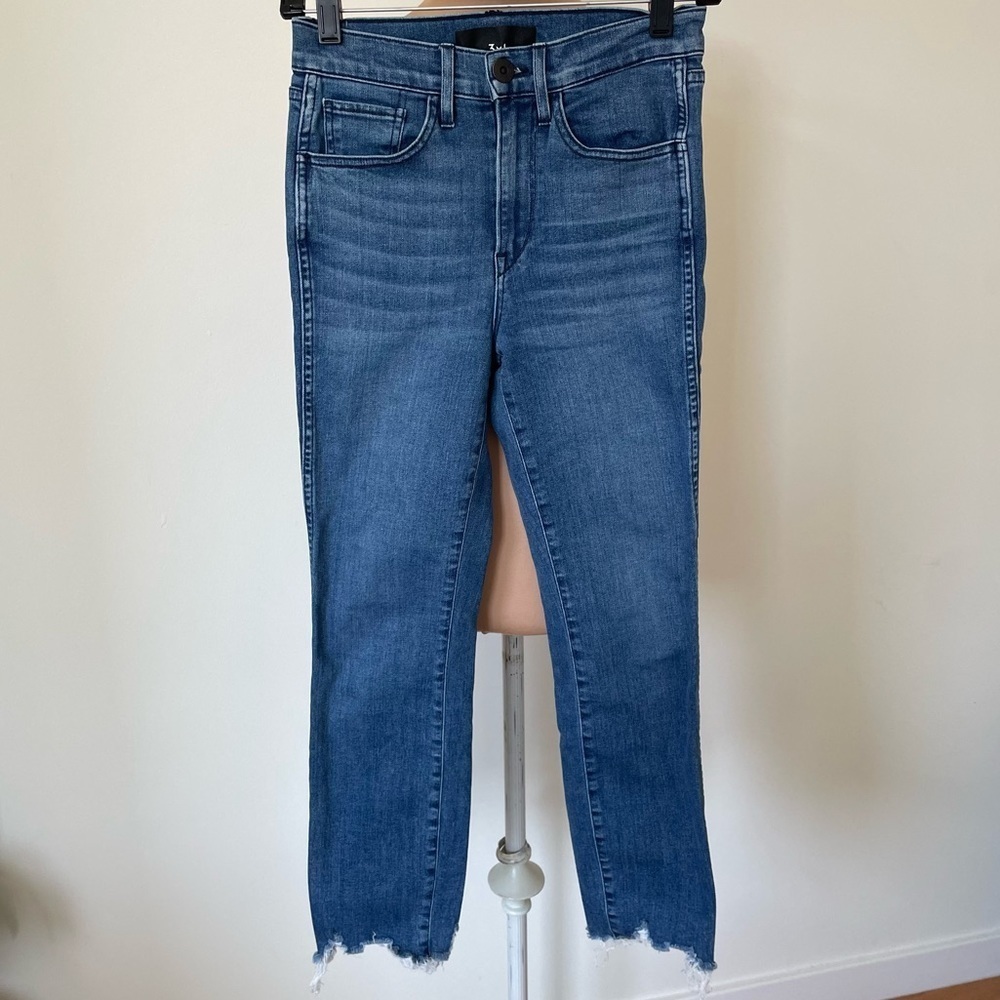 3x1 Blue Stretch Cotton Denim Raw Chewed Hem High Rise Straight Leg Jean EUC 25